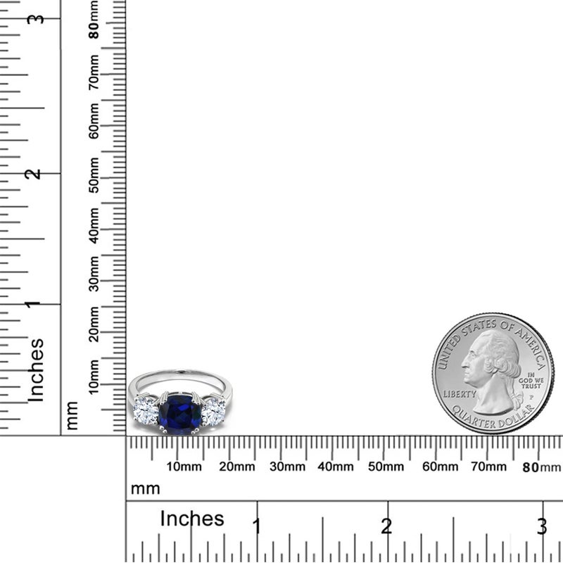 Gem Stone King 4.00 Ct Blue Simulated Sapphire Engagement Ring For Women | 925 Sterling Silver | Gemstone Birthstone | Cushion 8MM and Round 5MM | 3 Stone Wedding Anniversary Promise Ring (Size 8) - Image 4